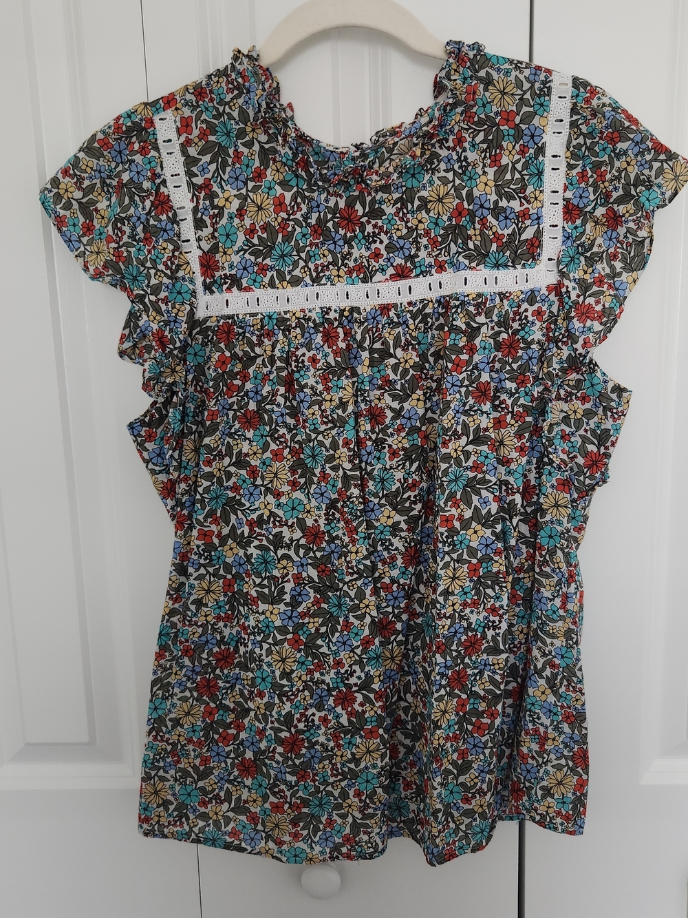 LOFT Floral Lace-Trim Cap Sleeve Blouse - Multicolor